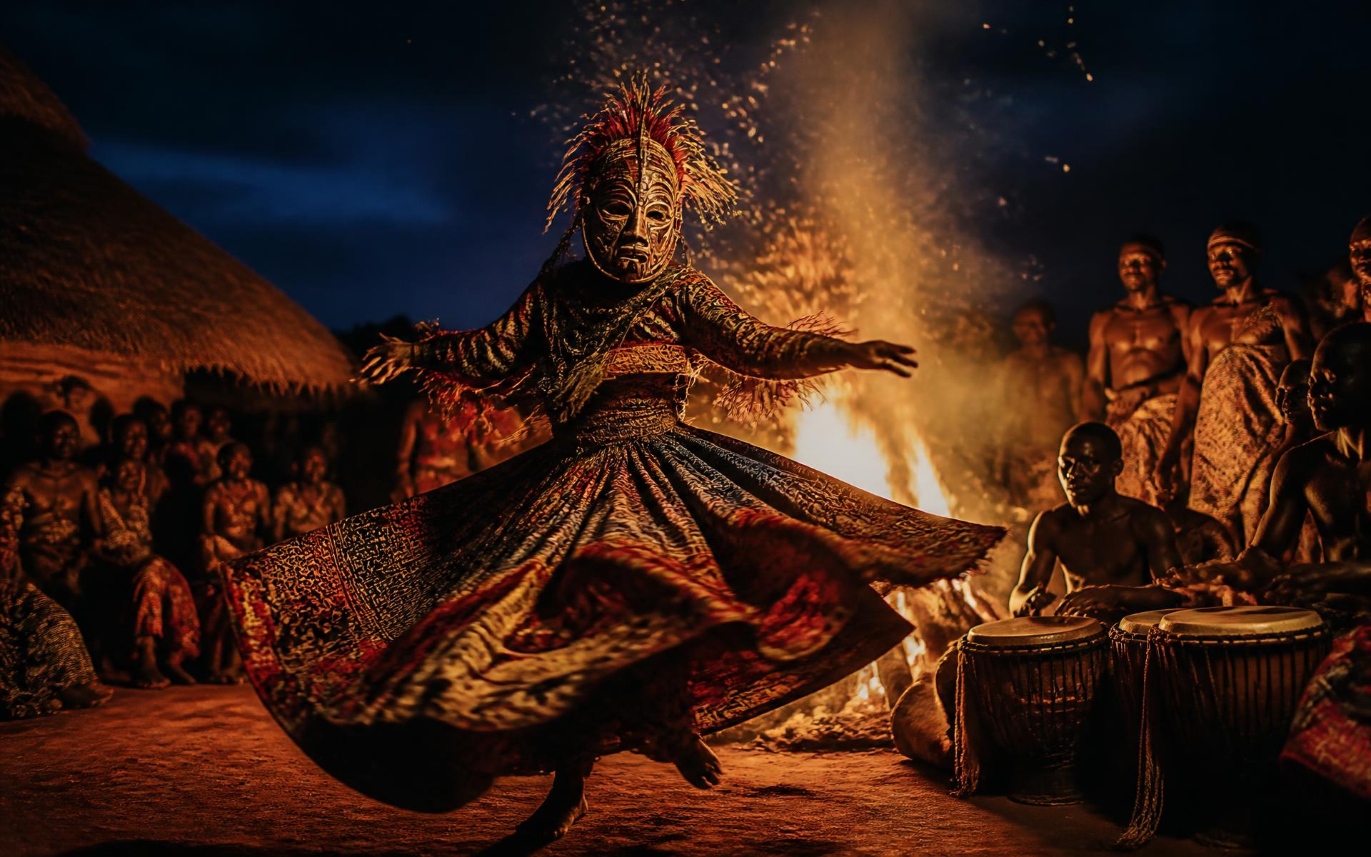 Masquerade dancer spinning by a bonfire while drummers play in a Nigerian village at night